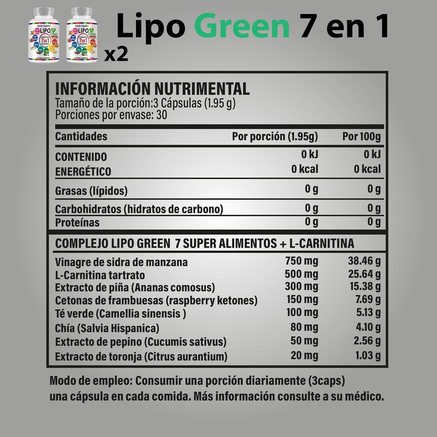 LipoGreen 7 en 1. Vinagre de Manzana, Carnitina, Extracto de piña, Cetonas de frambuesa, Té verde, Chía, Extracto de pepino, Toronja, Complementa tu estilo de vida. 1 bote con 90 Cápsulas.