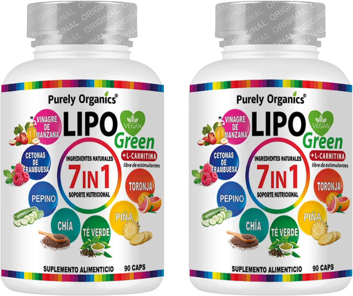 LipoGreen 7 en 1. Vinagre de Manzana, Carnitina, Extracto de piña, Cetonas de frambuesa, Té verde, Chía, Extracto de pepino, Toronja, Complementa tu estilo de vida. 1 bote con 90 Cápsulas.