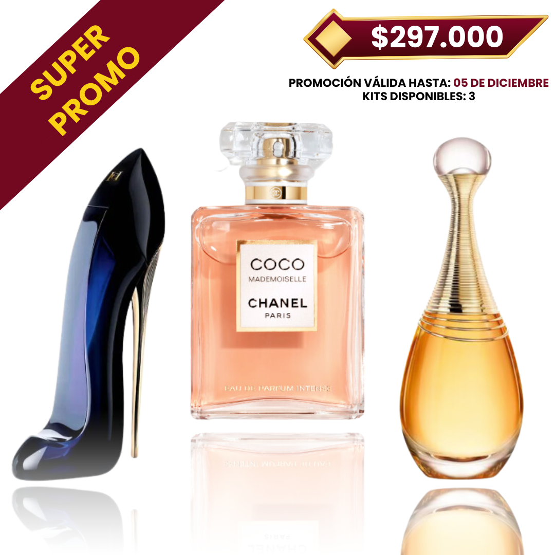 Promo Damas 3x1 | Carolina Herrera Good Girl 80ml, Chanel Coco Mademoiselle 100ml, Dior J'adore 100ml